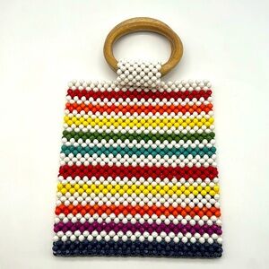 Rainbow Beaded Wooden Handle Boho Festival Colorful Mini Handbag Purse